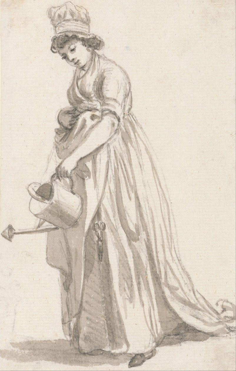 Una niña con una regadera mirando a la izquierda - Sarah Hough, niñera de la Sra. T.P. Sandby de Paul Sandby