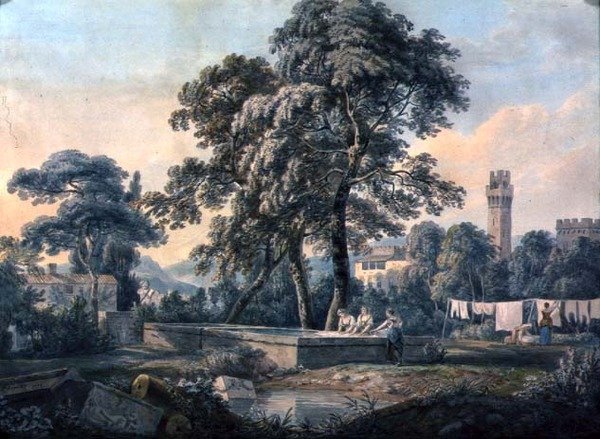 Un paisaje italianizante con mujeres junto a un estanque de lavado de Paul Sandby