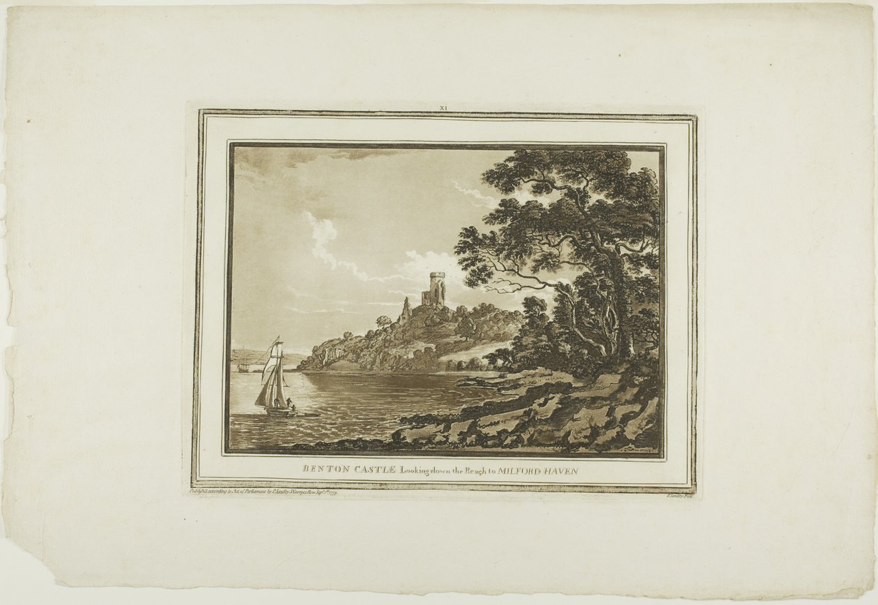 Castillo de Benton mirando hacia Milford Haven, de Doce vistas en aquatinta de dibujos tomados en el lugar en el sur de Gales de Paul Sandby