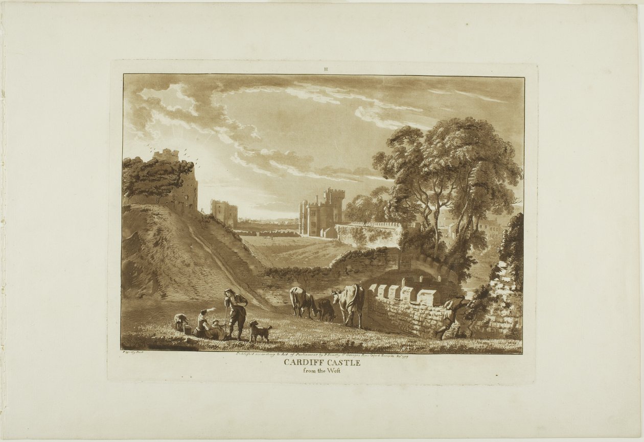 Castillo de Cardiff desde el oeste, lámina dos de Doce vistas de Gales de Paul Sandby