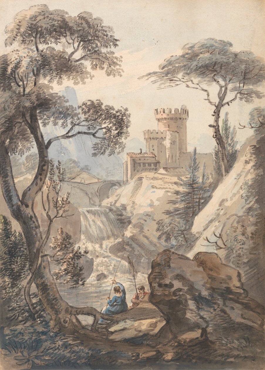Paisaje italianizante con castillo, cascada y pescadores de Paul Sandby