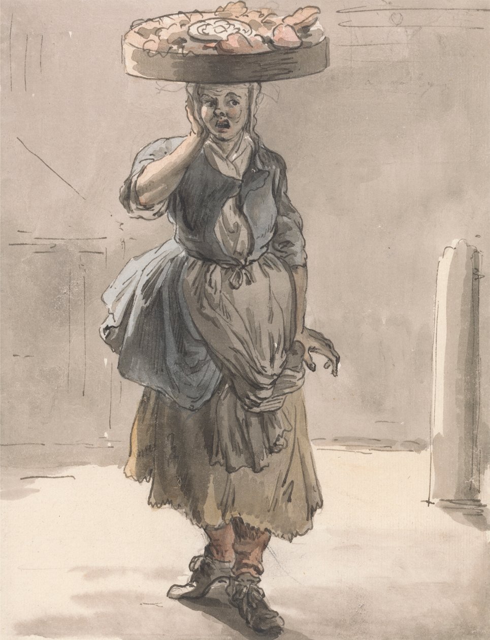 Londres llora: Una chica con una cesta en la cabeza ("Luces para los gatos, hígado para los perros") de Paul Sandby