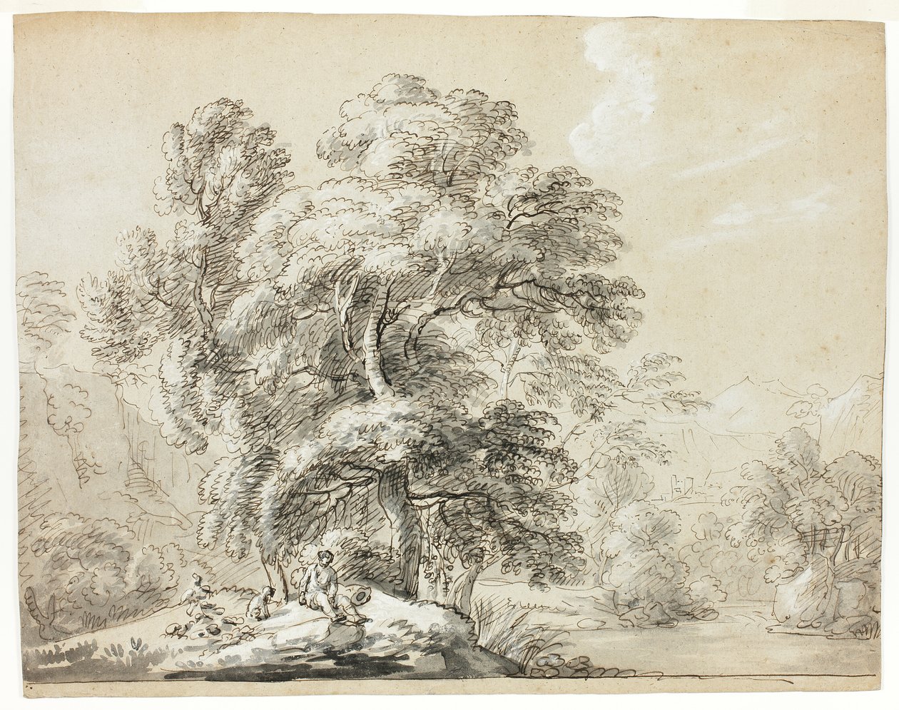 Hombre y perro sentados bajo árboles junto al río de Paul Sandby