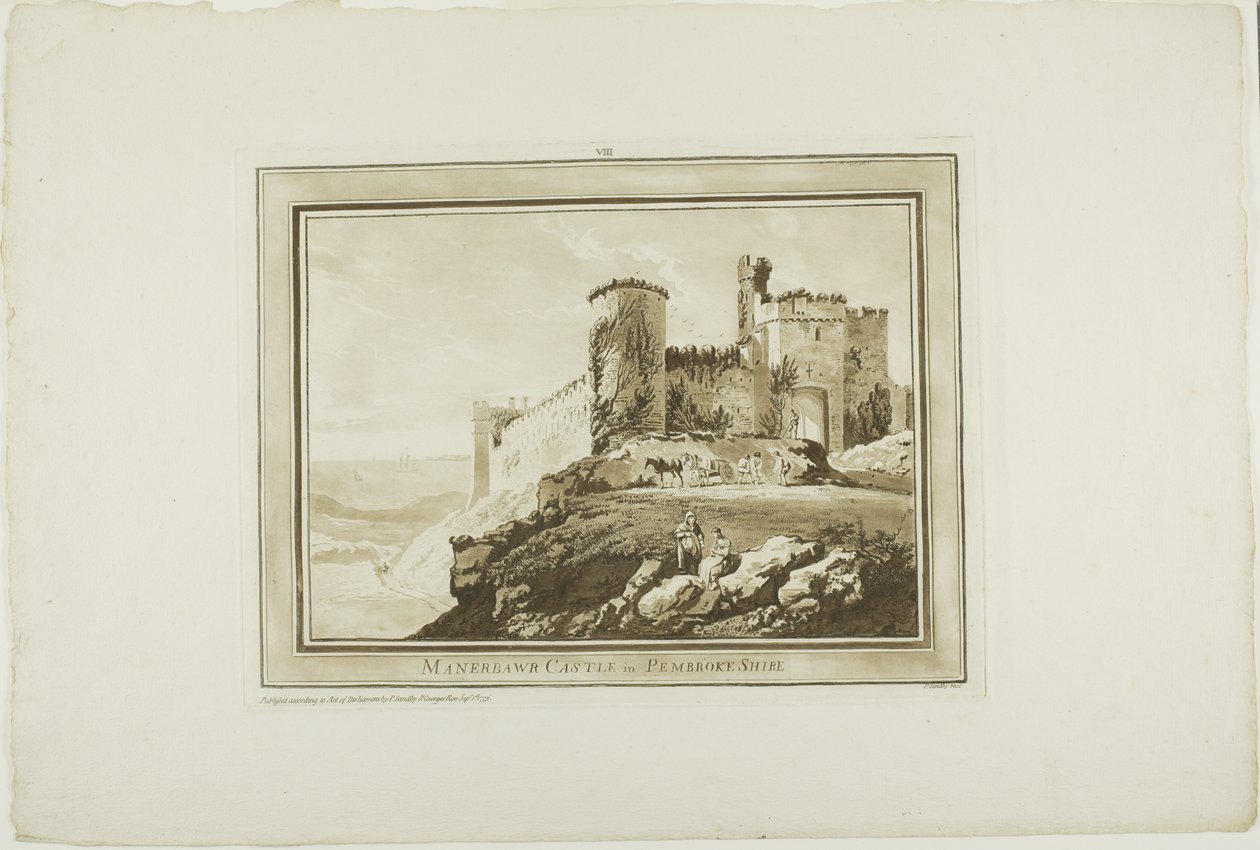 Castillo de Manerbawr en Pembroke Shire, de Doce vistas en aquatinta de dibujos tomados en el lugar en Gales del Sur de Paul Sandby