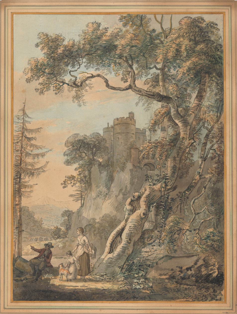 Paisaje romántico - Campesinos al pie de un castillo en un peñasco de Paul Sandby
