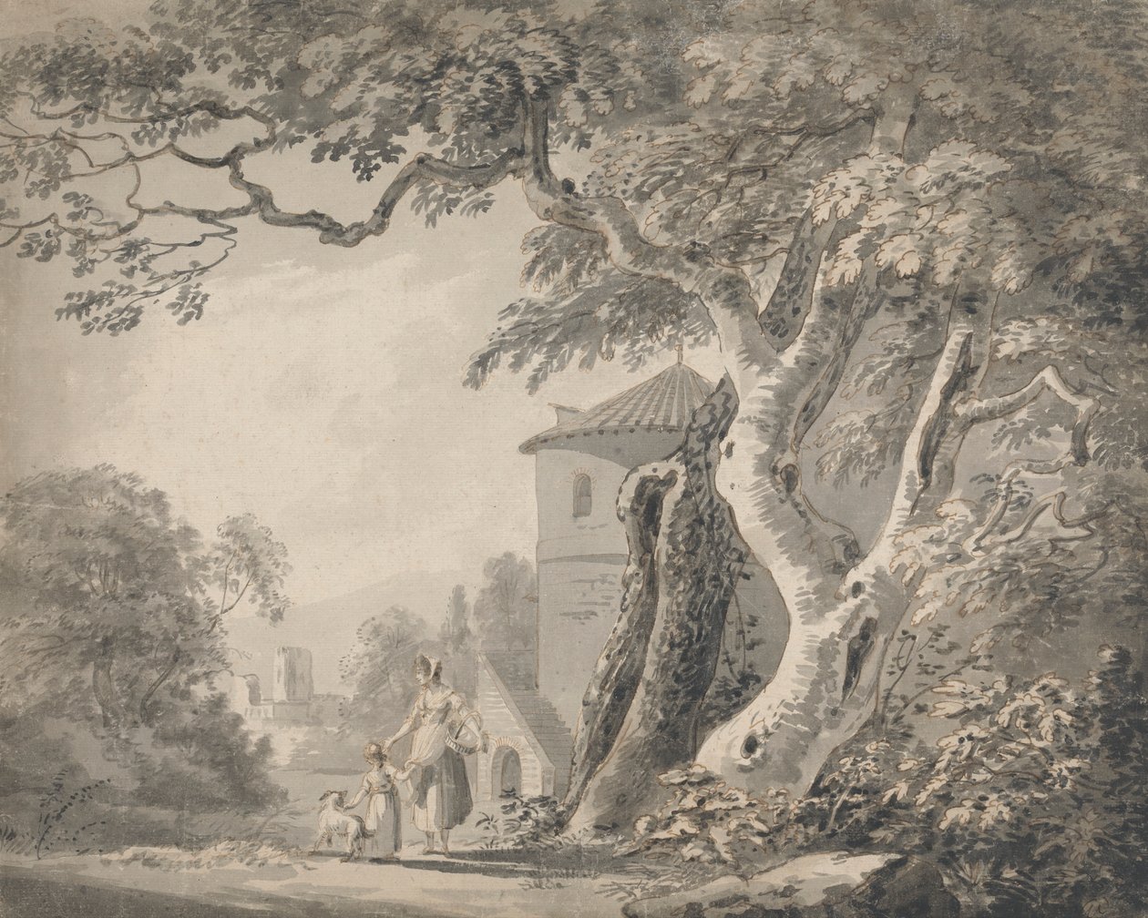 Paisaje romántico con figuras y un perro de Paul Sandby