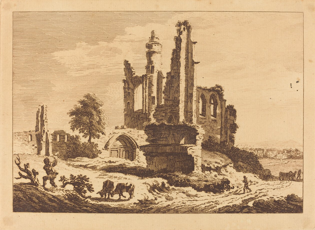 Abadía en ruinas con ganado y un hombre cortando madera de Paul Sandby