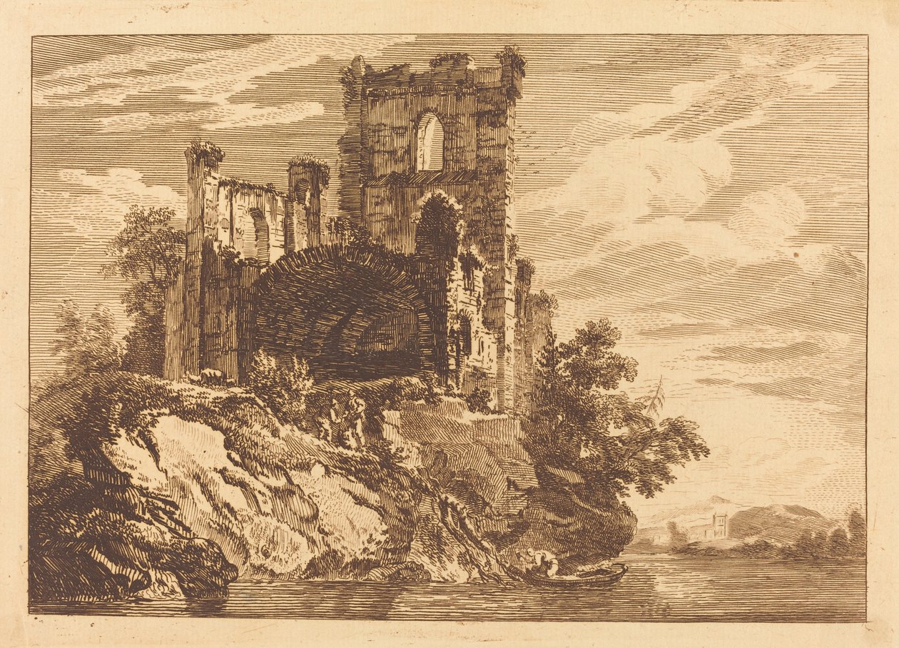 Ruinas junto a un río con un hombre en un bote de Paul Sandby
