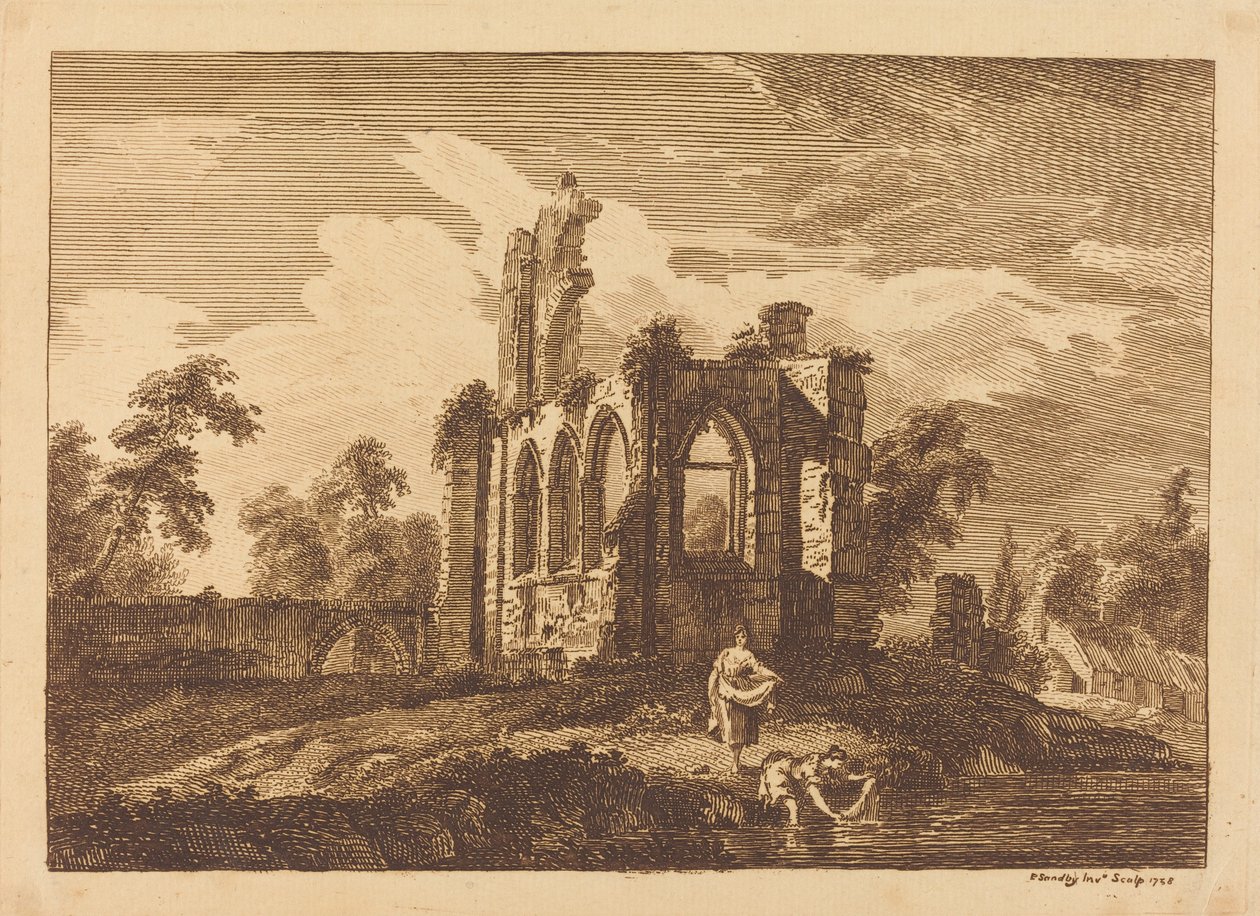 Ruinas con dos mujeres lavando ropa en un río de Paul Sandby