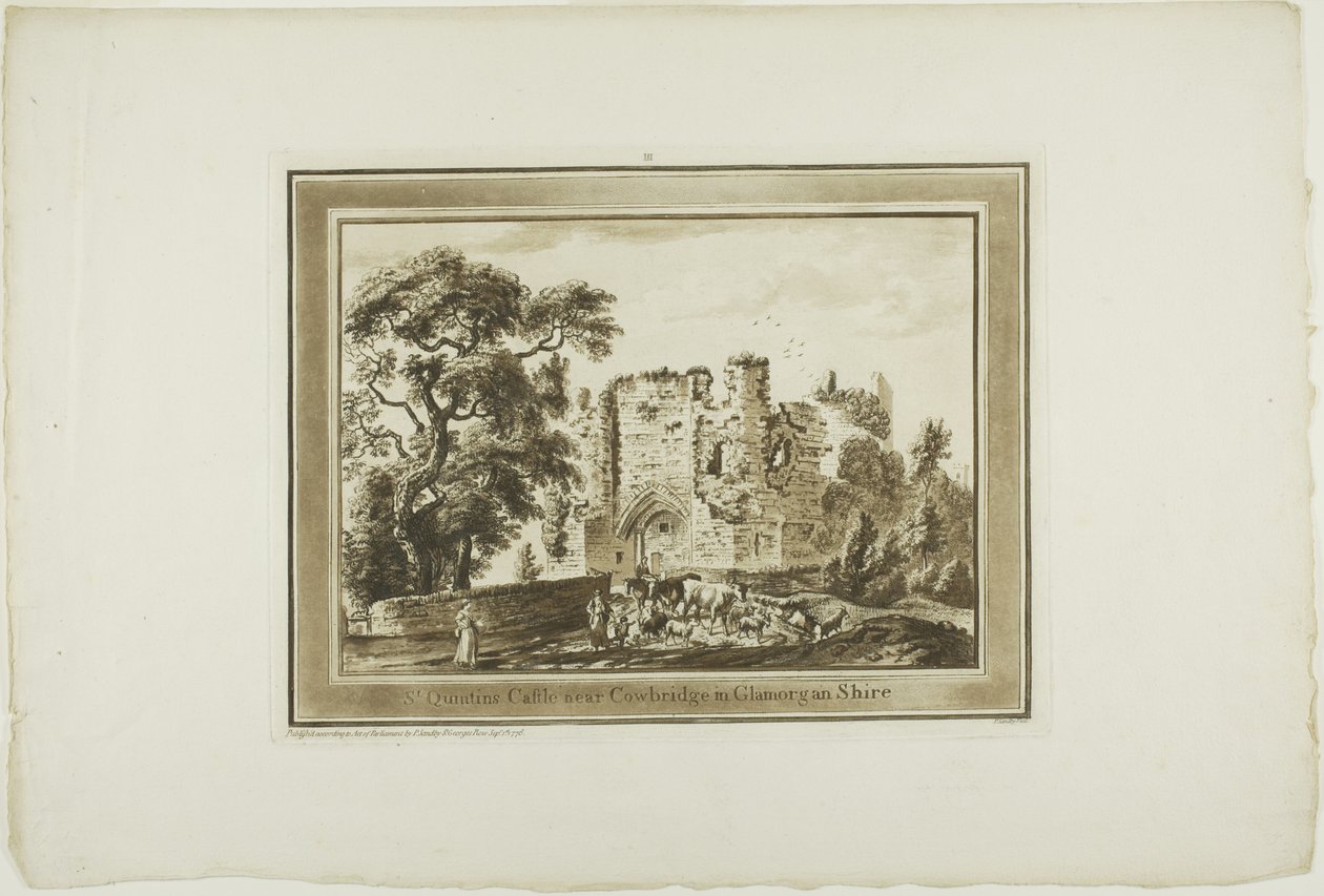 Castillo de San Quintín, cerca de Cowbridge, en la comarca de Glamorgan, lámina tres de Doce vistas del sur de Gales de Paul Sandby