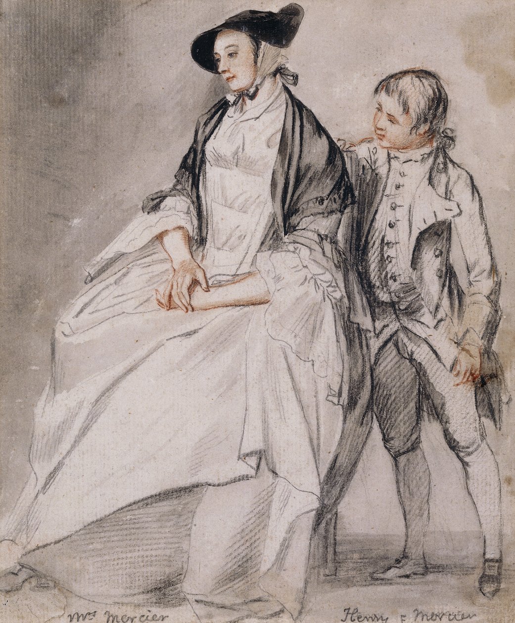 Estudio de la Sra. Mercier sentada en una silla, y su hijo menor, Henry Mercier, de pie detrás de ella de Paul Sandby