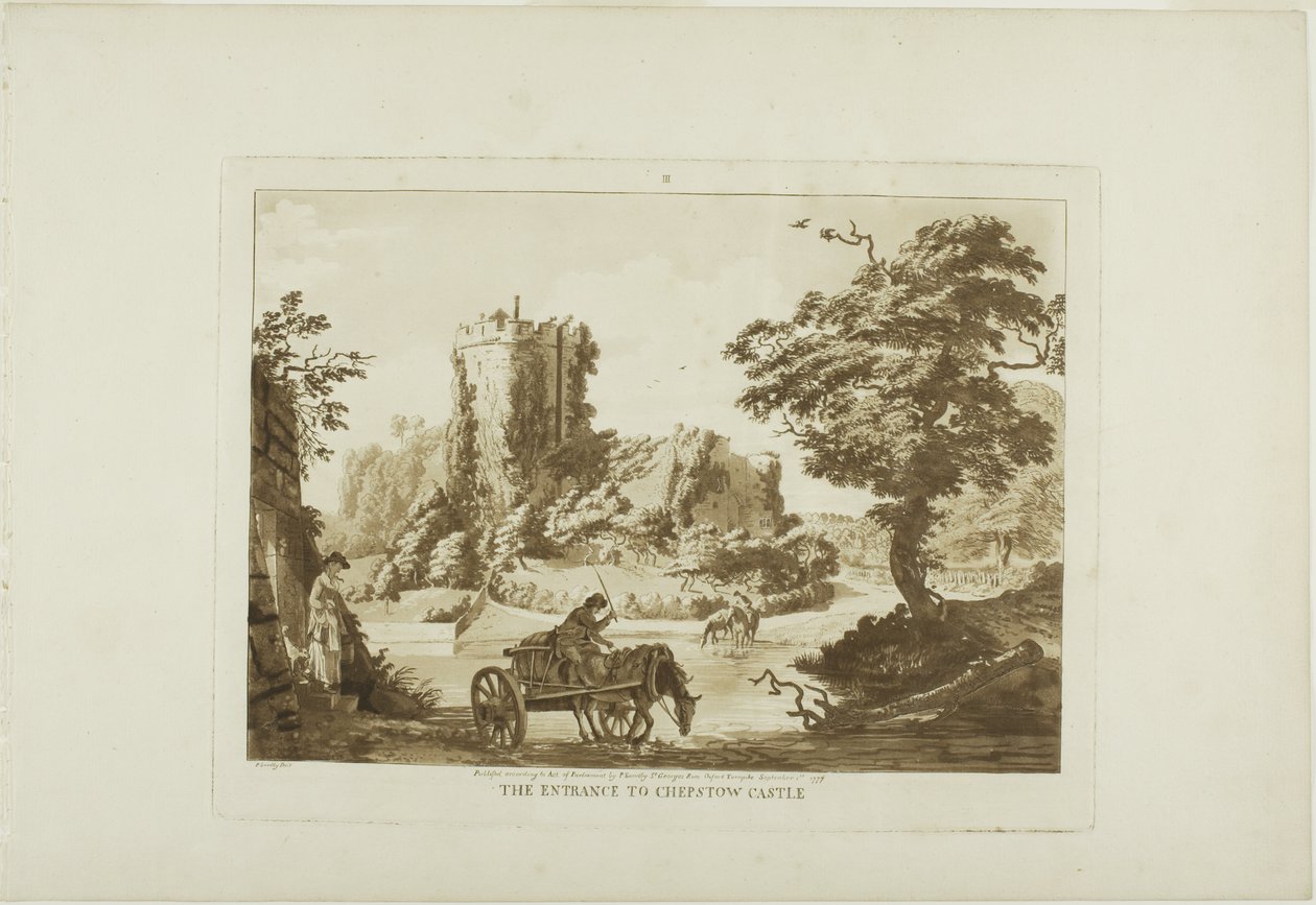 La entrada al castillo de Chepstow, lámina tres de Doce vistas de Gales de Paul Sandby