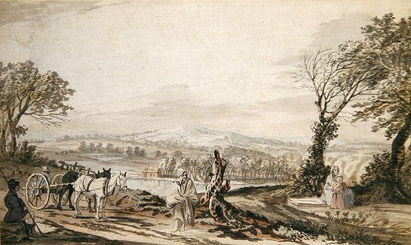 Viajeros descansando junto a un camino sobre un valle fluvial de Paul Sandby
