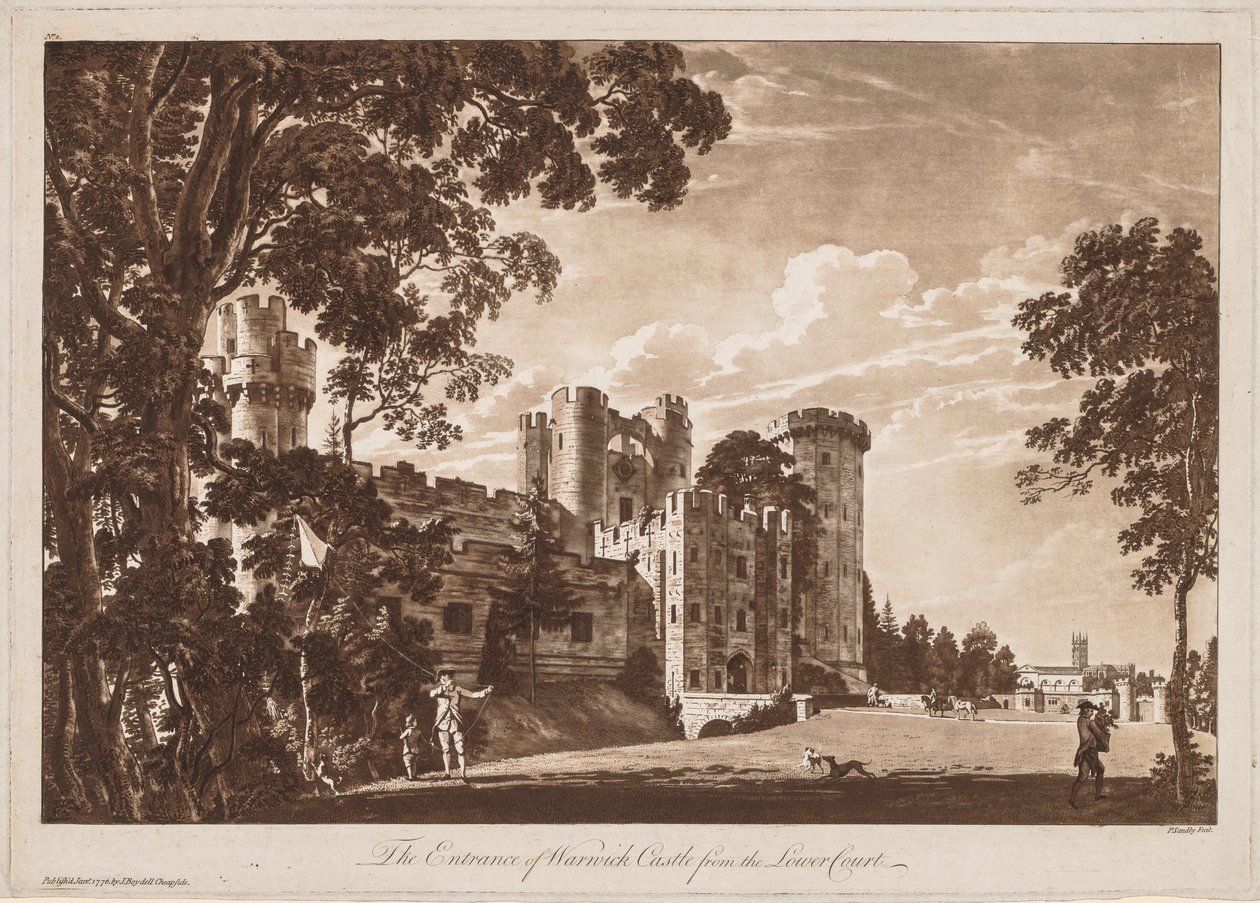 Vistas del Castillo de Warwick: La entrada del Castillo de Warwick desde el patio inferior de Paul Sandby