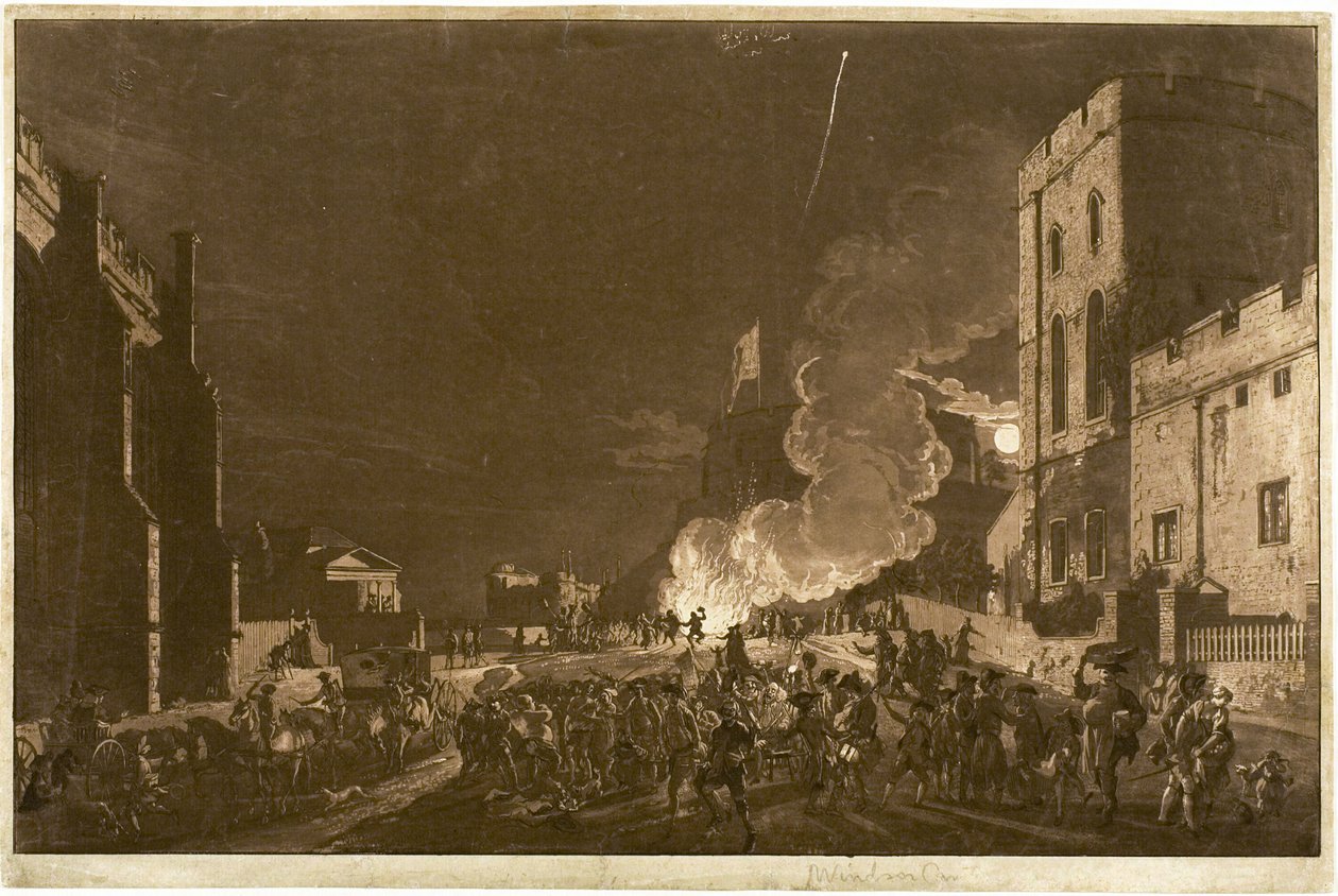 Castillo de Windsor desde el Patio Inferior el Cinco de Noviembre—Fuegos artificiales de Paul Sandby