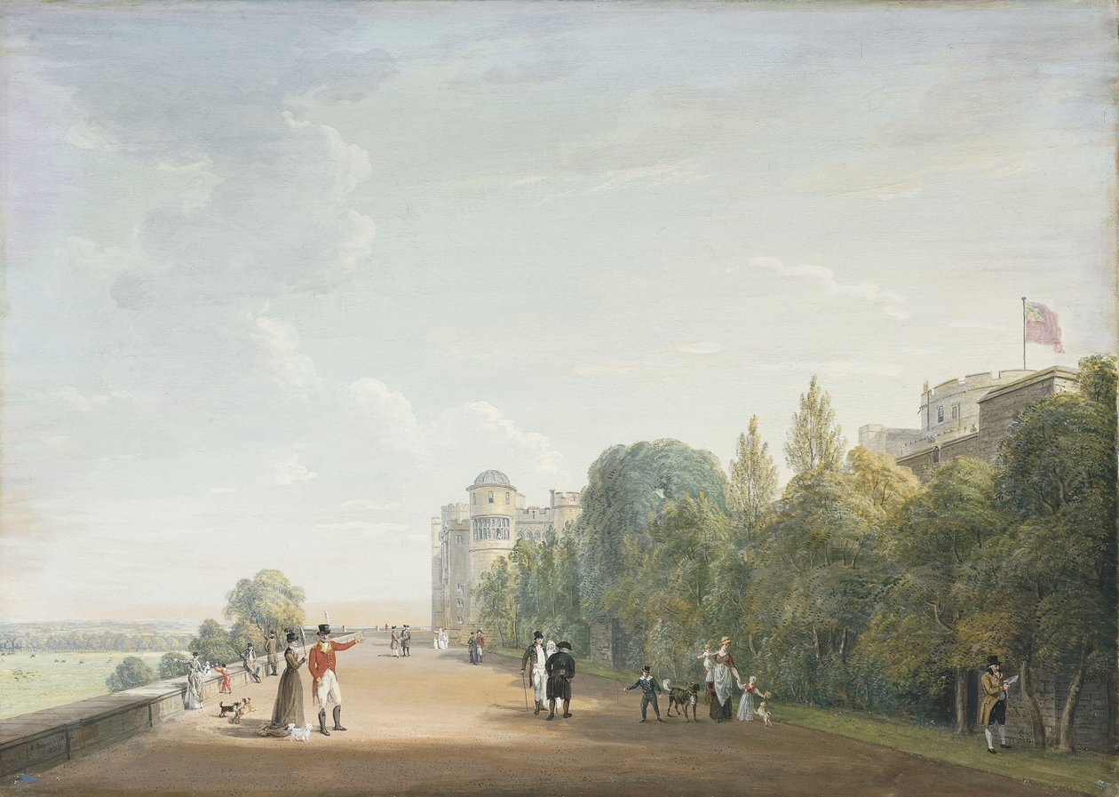Castillo de Windsor: la terraza norte mirando al este, con figuras elegantes, 1803 de Paul Sandby