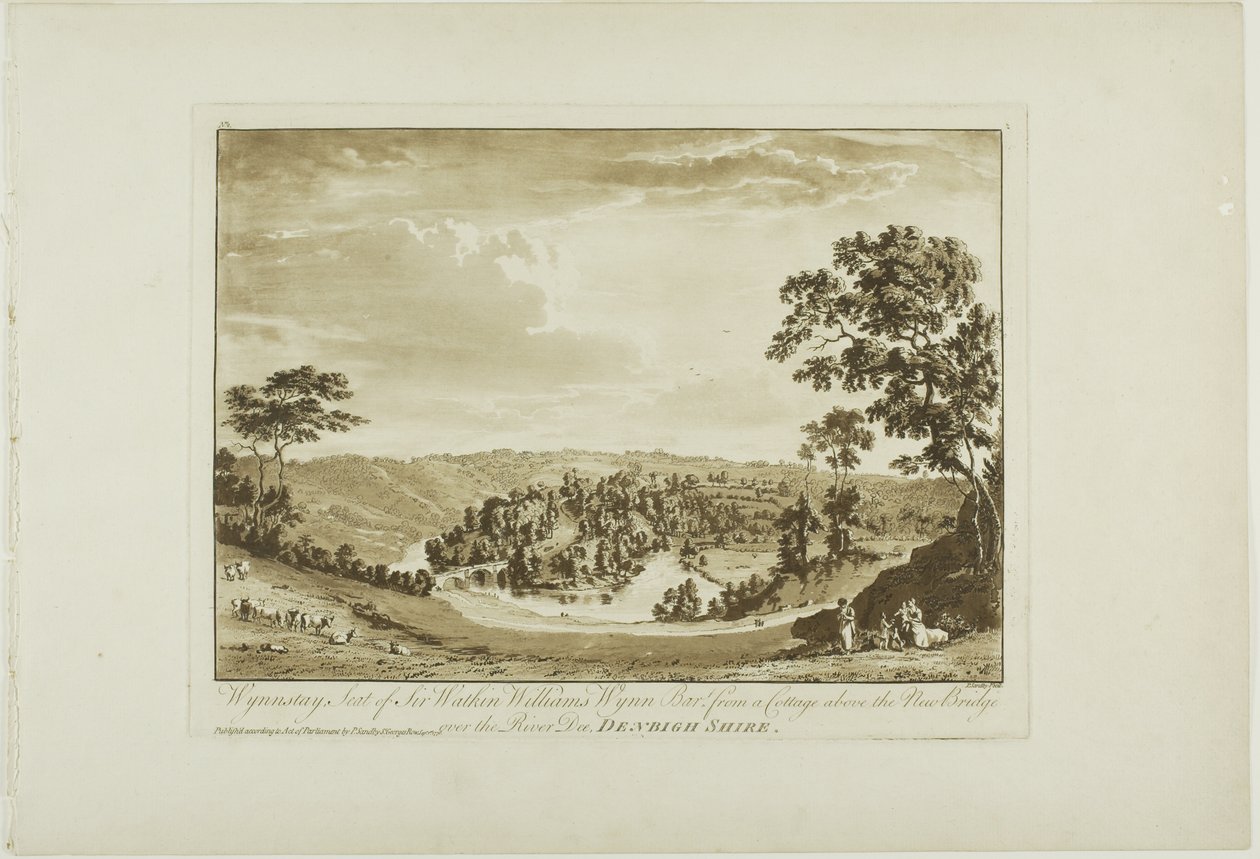 Wynnstay, residencia de Sir Watkin Williams Wynn Bart desde una cabaña sobre el nuevo puente sobre el río Dee, Denbigh Shire de Paul Sandby