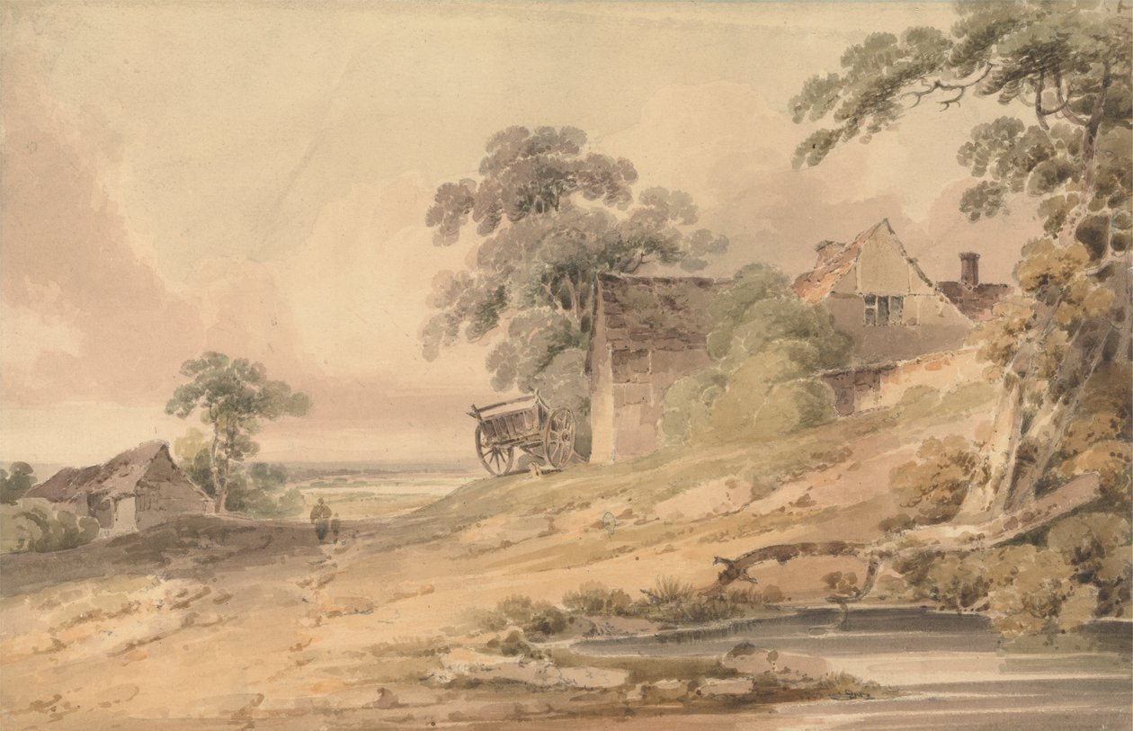 Paisaje con granja, figuras y estanque de Paul Sandby Munn