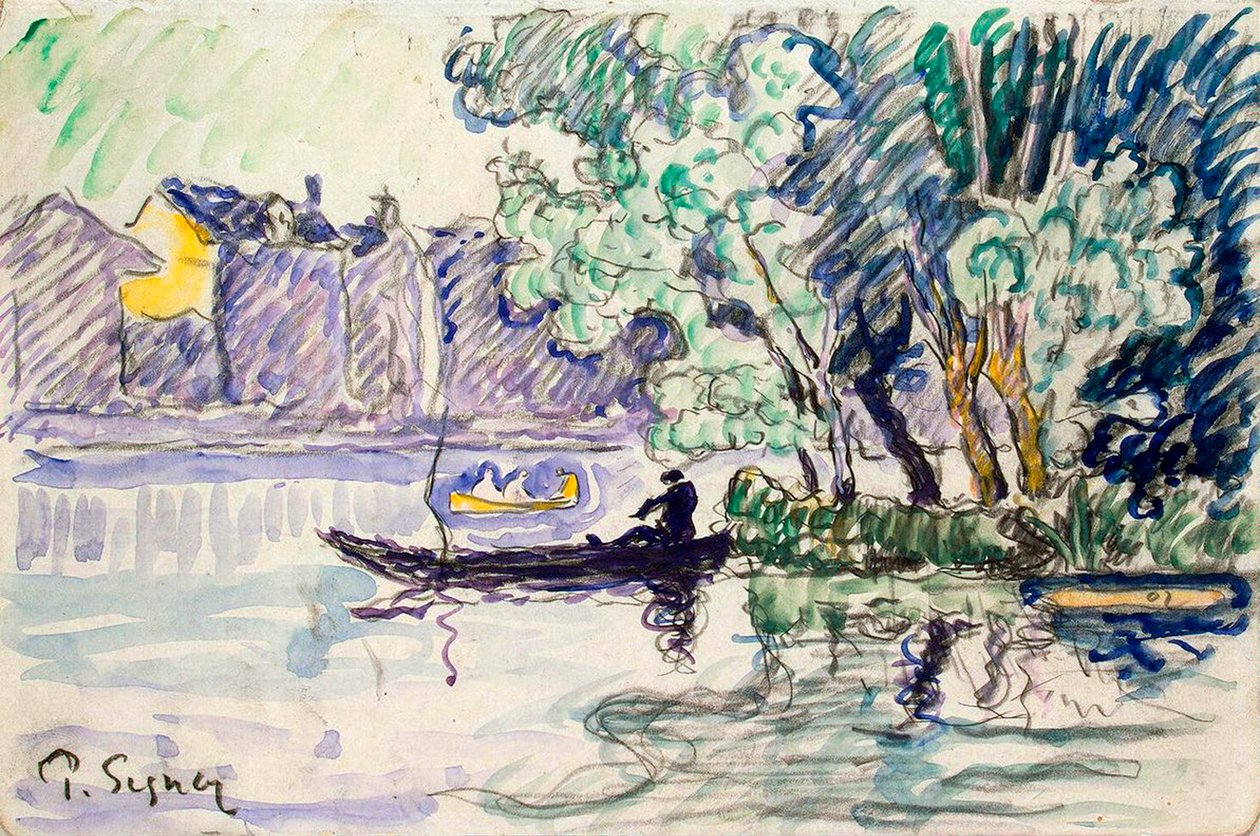 Pescador en un bote cerca de una orilla del Sena de Paul Signac