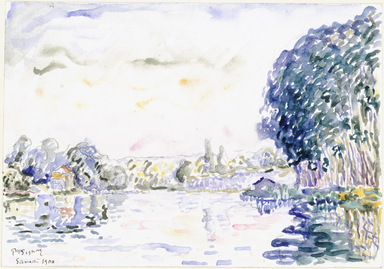 Paisaje fluvial con casita y árboles de Paul Signac