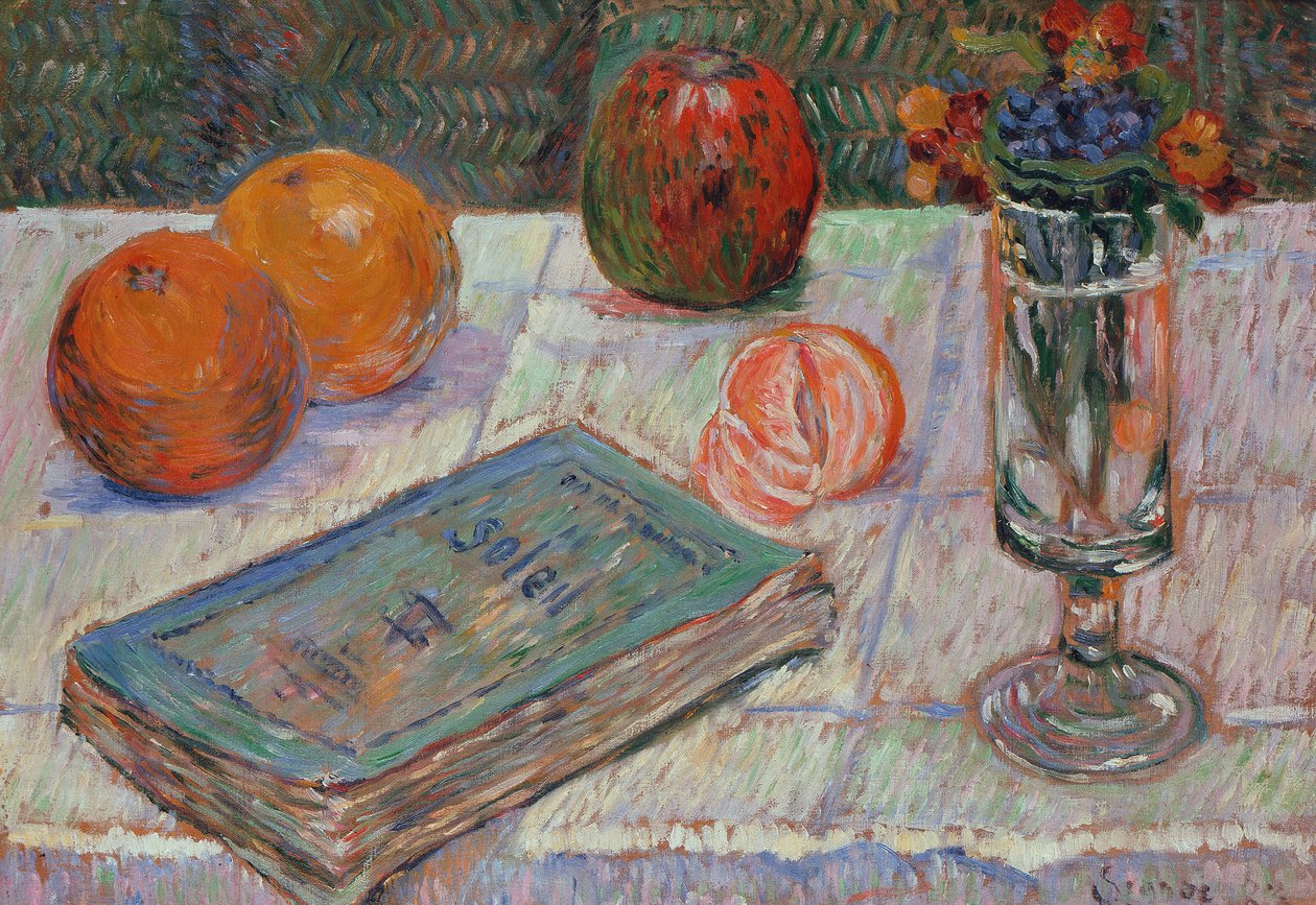 Naturaleza muerta con un libro y unas naranjas de Paul Signac