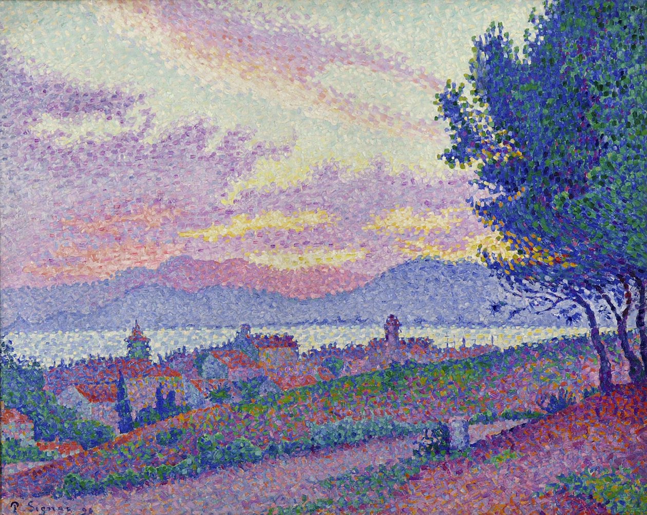 Vista de Saint-Tropez, puesta de sol en el bosque de pinos, 1896 de Paul Signac