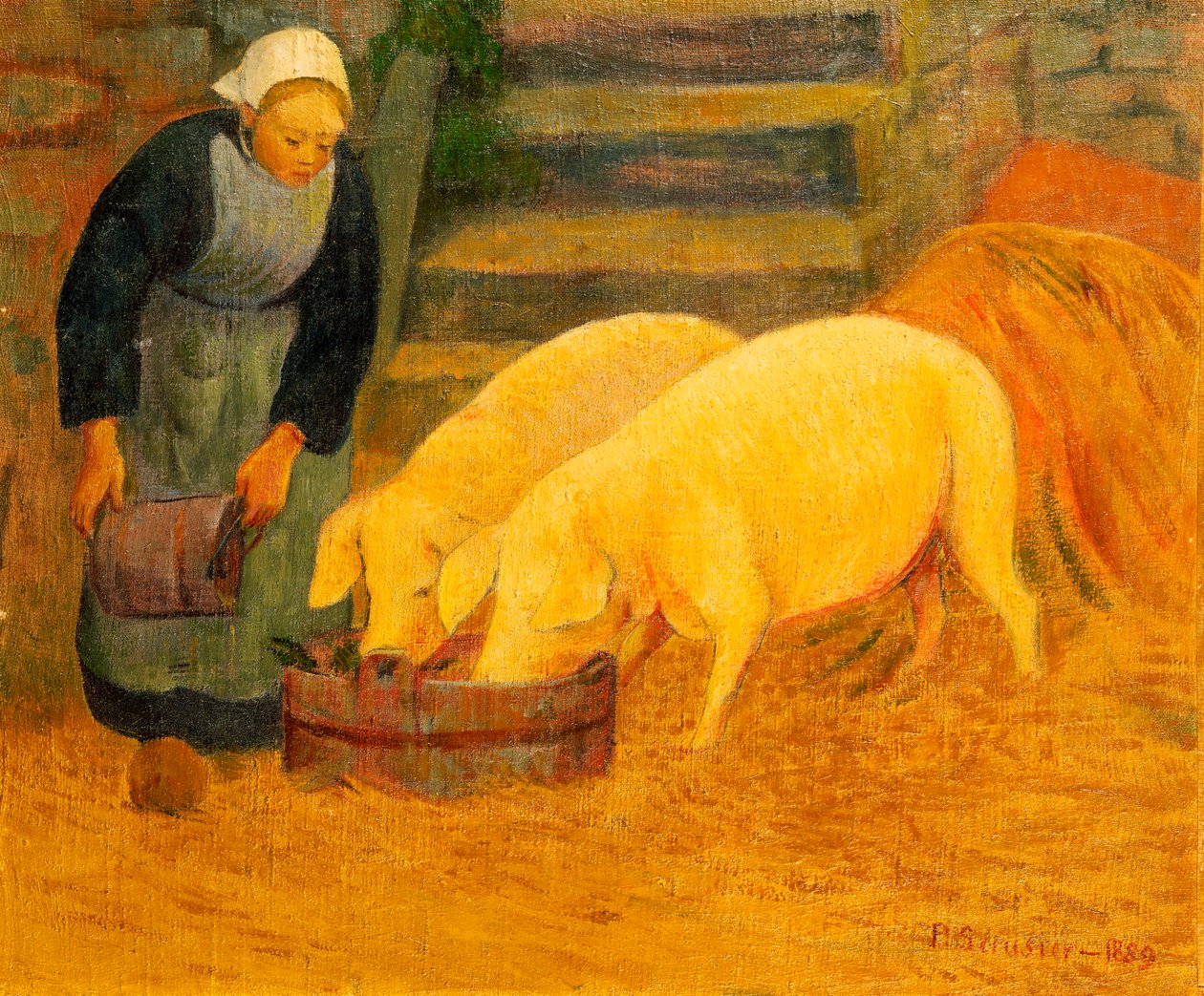 Una joven alimentando a dos cerdos, 1889 de Paul Sérusier