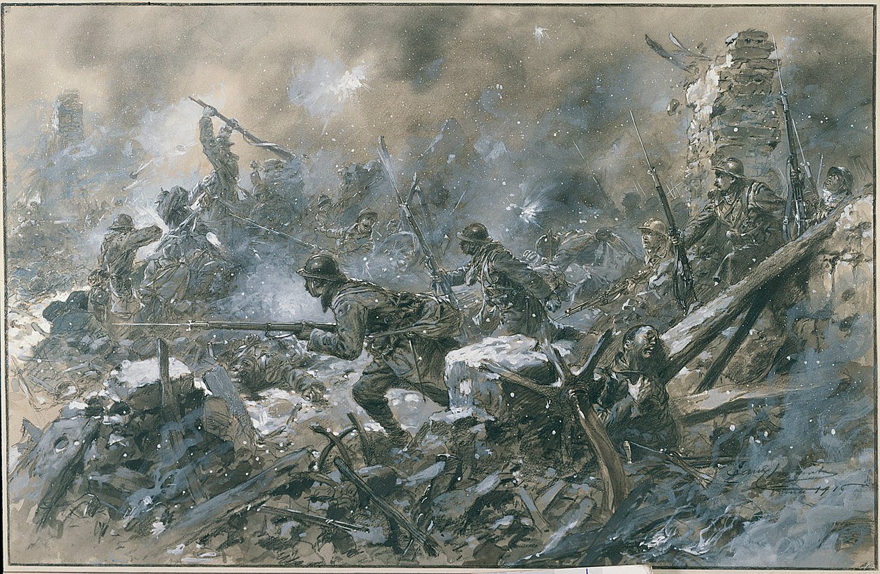 Primera Guerra Mundial (1914-1918): "Un contraataque en el pueblo de Vaux en 1916 en el frente de Verdún" Acuarela de Paul Thiriat París. Musee, Des deux guerre mondiale DR - Contraataque francés en el pueblo de Vaux, cerca de Verdún de Paul Thiriat