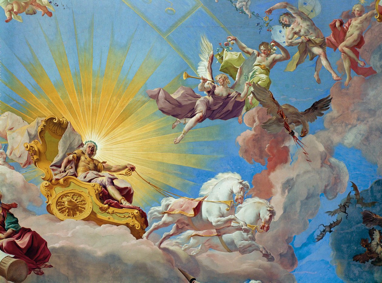 Fresco del techo Apoteosis del emperador Carlos VI sobre la Escalera del Emperador de Paul Troger