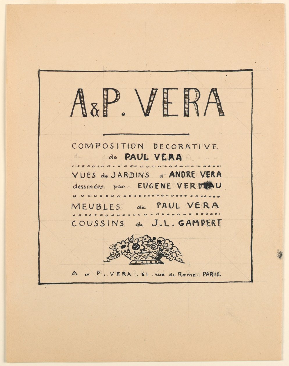 Dibujo, página de título, A & P Vera, composición decorativa de Paul Vera/Vistas de jardines de André Vera dibujadas por Eugène Verdeau/Muebles de Paul Vera/Cojines de J. L. Gampert, 1912-1919 de Paul Vera