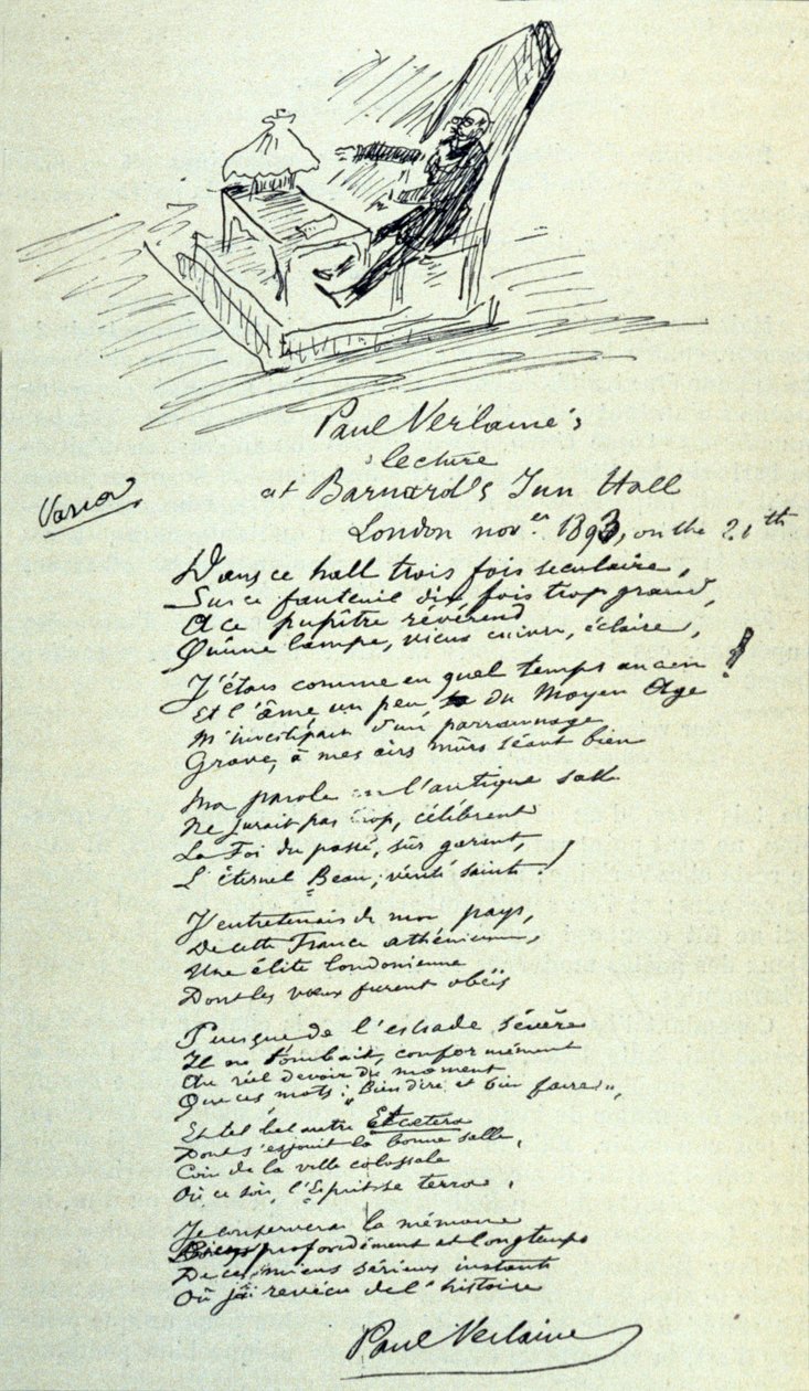 Poema del poeta francés Paul Verlaine (1844-1896) con un boceto del representante durante una lectura. 21/11/1893 de Paul Verlaine