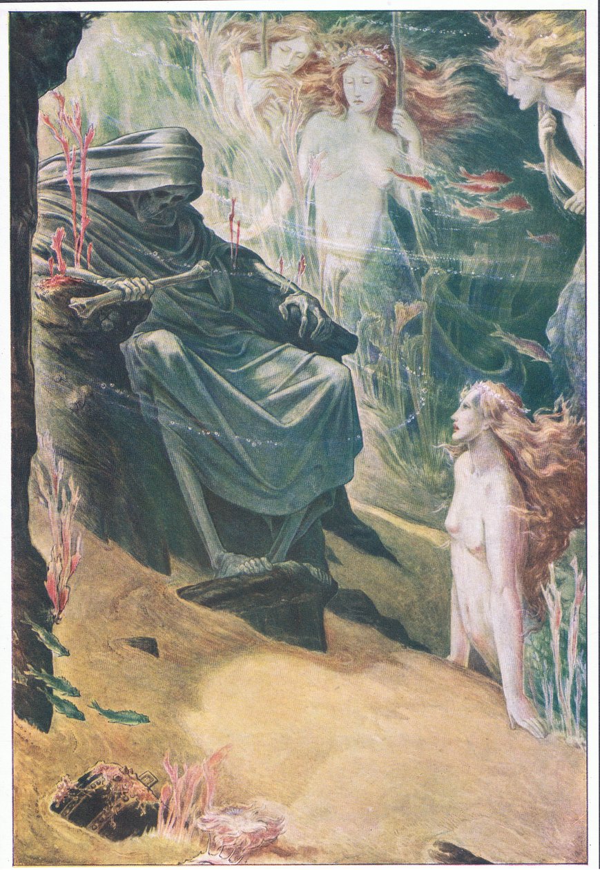 A cinco brazas de profundidad yace tu padre: de sus huesos están hechos de coral, ilustración de La Tempestad, 1908 de Paul Vincent Woodroffe