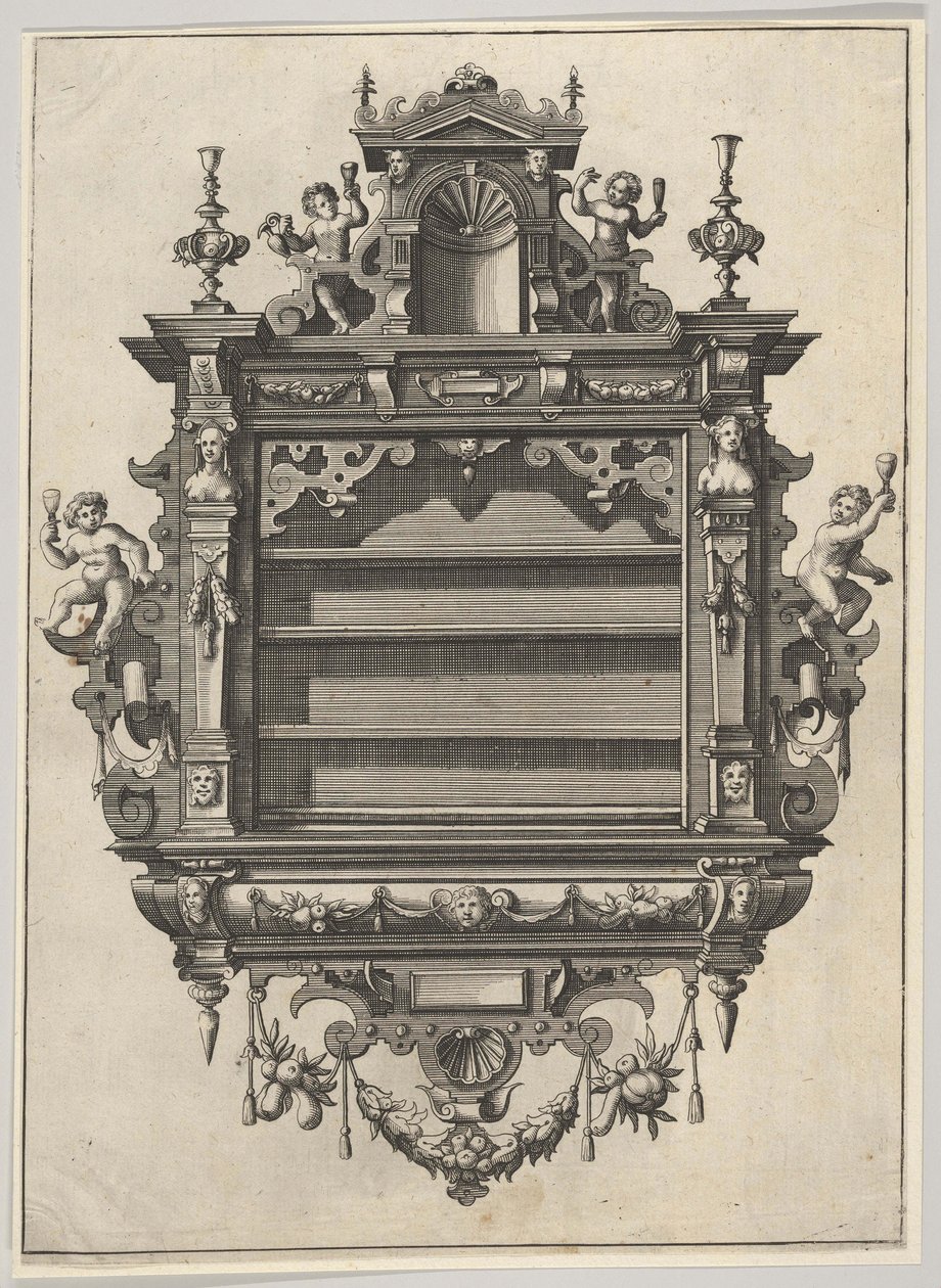 Unidad de estantería montada en la pared de Verscheyden Schrynwerck... [Plusieurs Menuiseries...] de Paul Vredeman de Vries