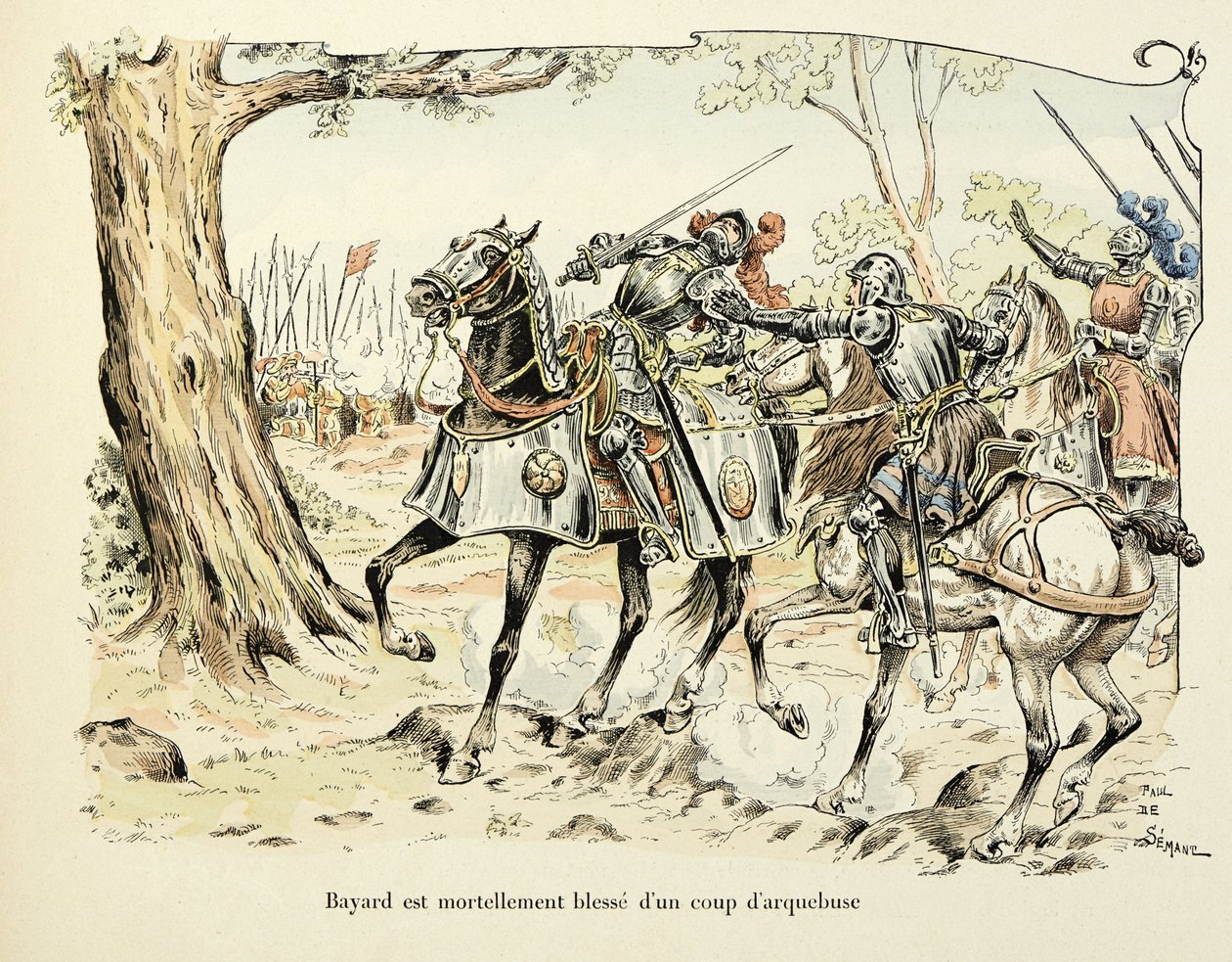 Ilustración tomada del libro “Historia del caballero Bayard” de Theodore Cahu, ilustrada por Paul De Semant (1855-1915): Bayard hiere mortalmente con un disparo de arcabuz 1524 de Paul de Semant