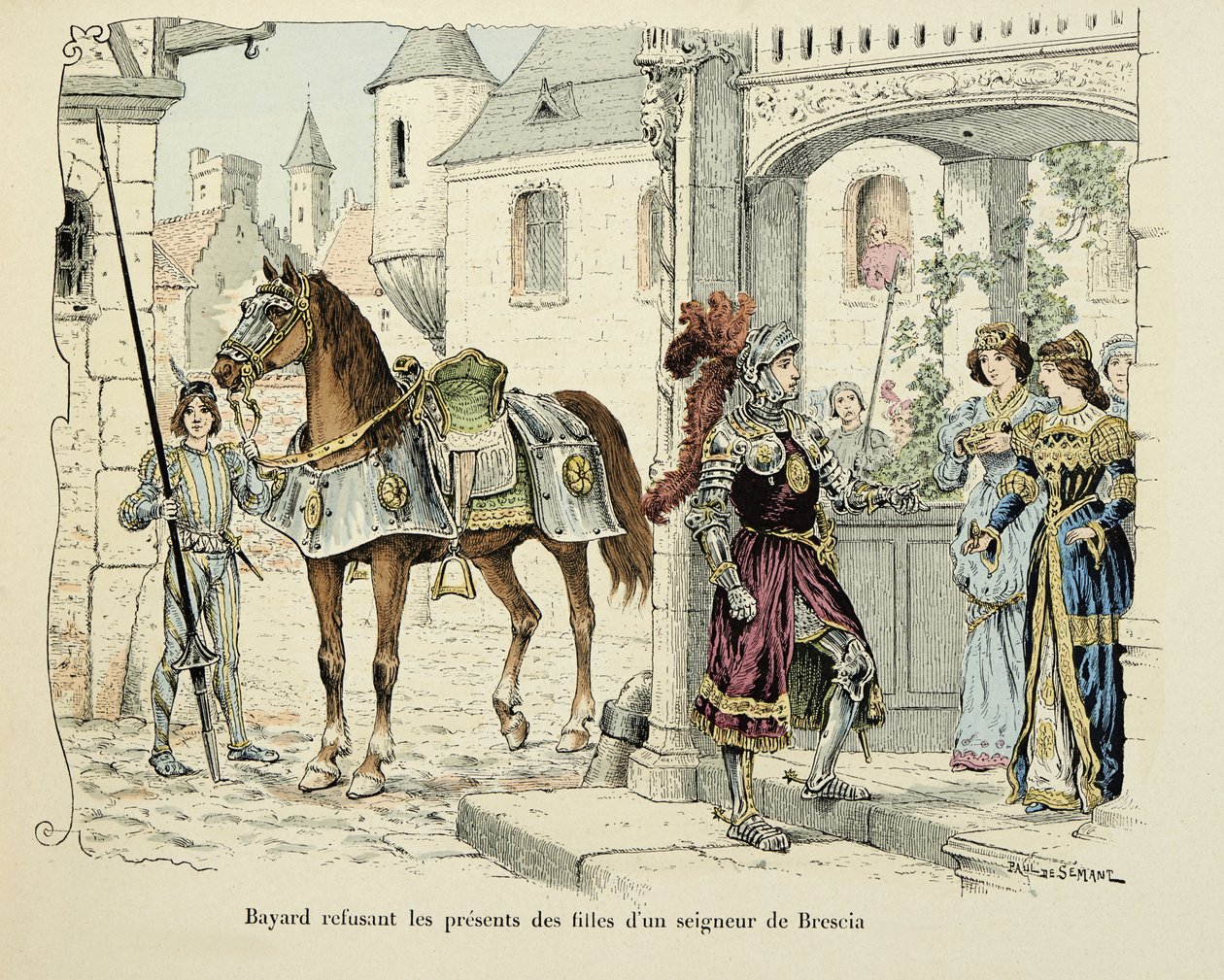 Ilustración tomada del libro "Histoire du chevalier Bayard" de Theodore Cahu, ilustrada por Paul De Semant (1855-1915): Bayard rechazando los regalos de las hijas de un señor de Brescia en 1512 de Paul de Semant