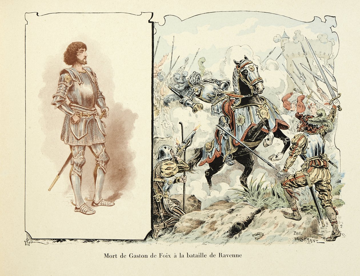 Ilustración tomada del libro Histoire du chevalier Bayard de Theodore Cahu, ilustrada por Paul De Semant (1855-1915): Muerte de Gaston de Foix (1489-1512) en la batalla de Rávena de Paul de Semant
