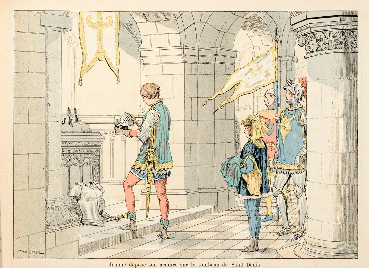 Ilustración tomada del libro "Juana de Arco" de Theodore Cahu e ilustrada por Paul De Semant (1855-1915): Juana de Arco deposita su armadura en la tumba de San Denis de Paul de Semant