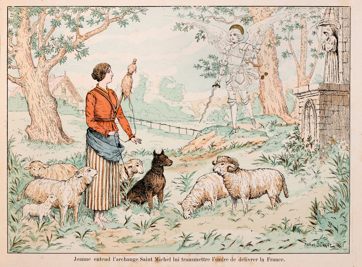 Ilustración tomada del libro “Juana de Arco” de Theodore Cahu e ilustrada por Paul De Semant (1855-1915): Juana de Arco escucha al Arcángel San Miguel entregarle la orden de liberar Francia de Paul de Semant
