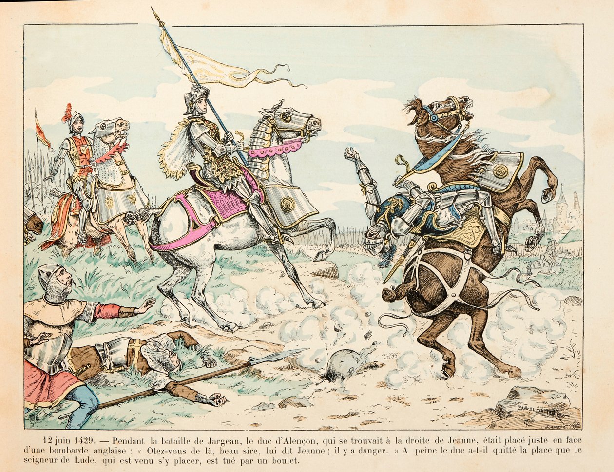 Ilustración tomada del libro “Juana de Arco” de Theodore Cahu e ilustrada por Paul De Semant (1855-1915): 12 de junio de 1429 El Señor de Lude muere por una bala durante la Batalla de Jargeau ante Juana de Arco de Paul de Semant