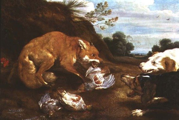 Zorro y sabuesos peleando por perdices de Paul De Vos