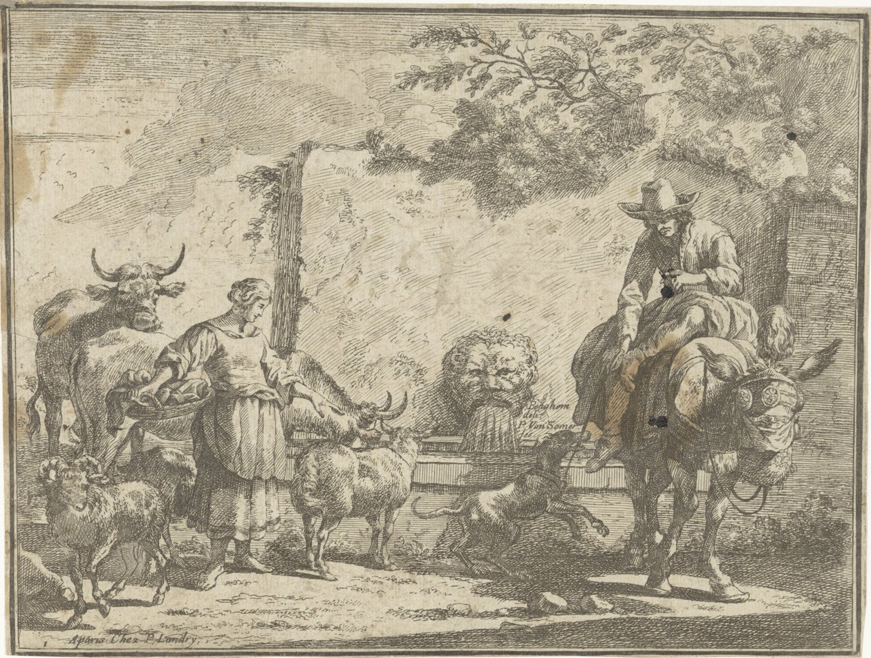 Mujer y hombre en un burro junto a una fuente de agua Paisajes pastorales (título de la serie) de Paul van Somer (II)