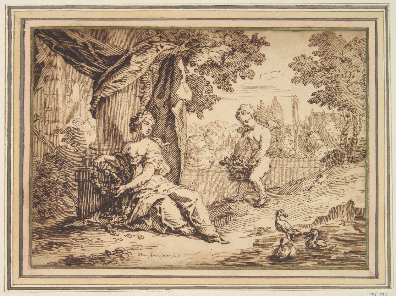 Mujeres sentadas bajo el pilar con Putto de Paul van Somer