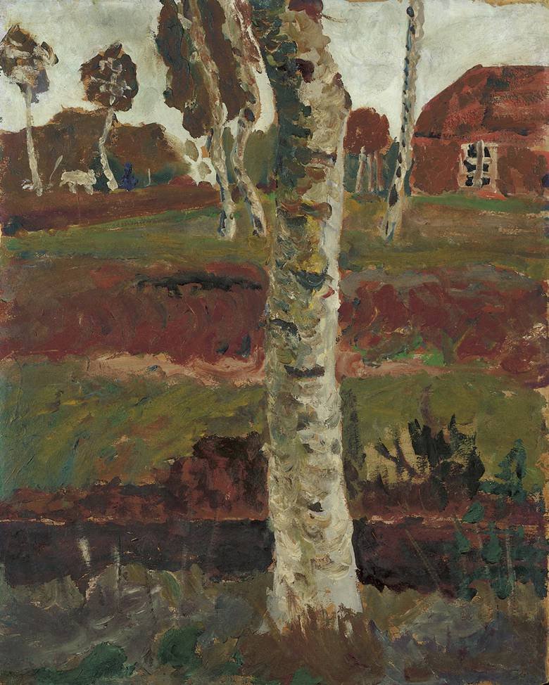Tronco de abedul en el pantano frente a paisaje con casa de Paula Modersohn-Becker