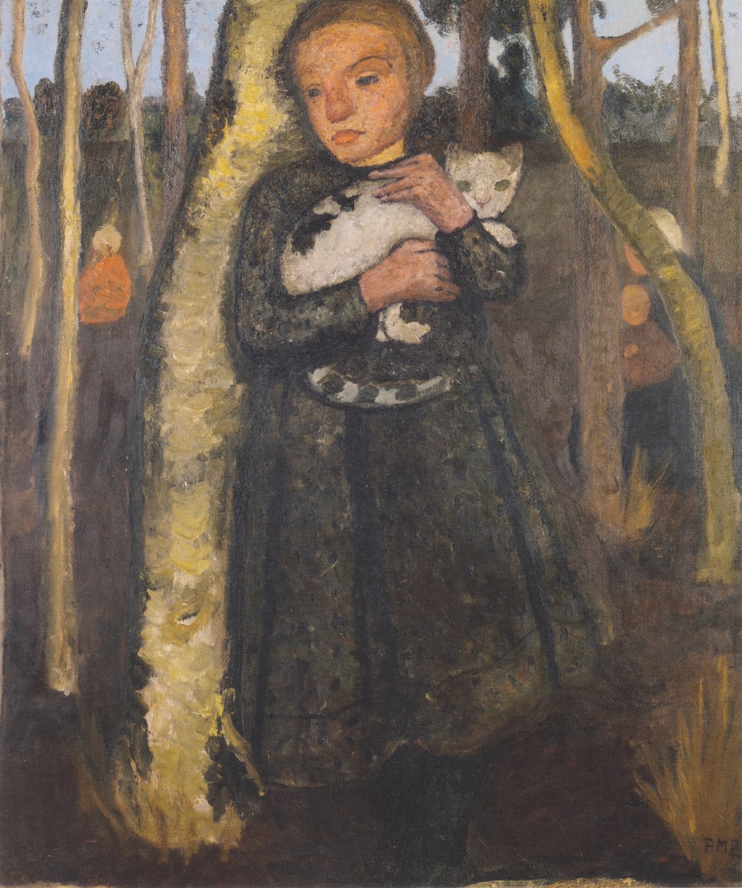 Niña en el bosque de abedules con gato de Paula Modersohn Becker
