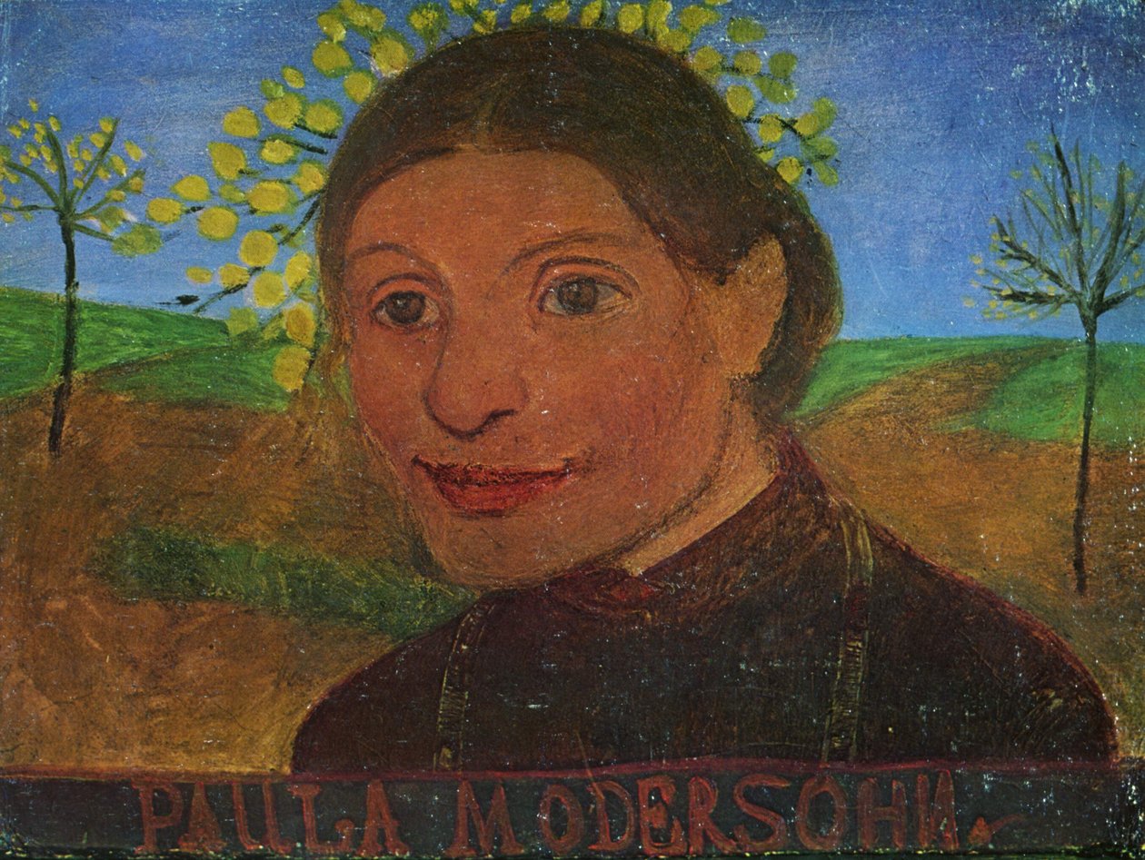 Autorretrato frente a árboles en flor de Paula Modersohn Becker