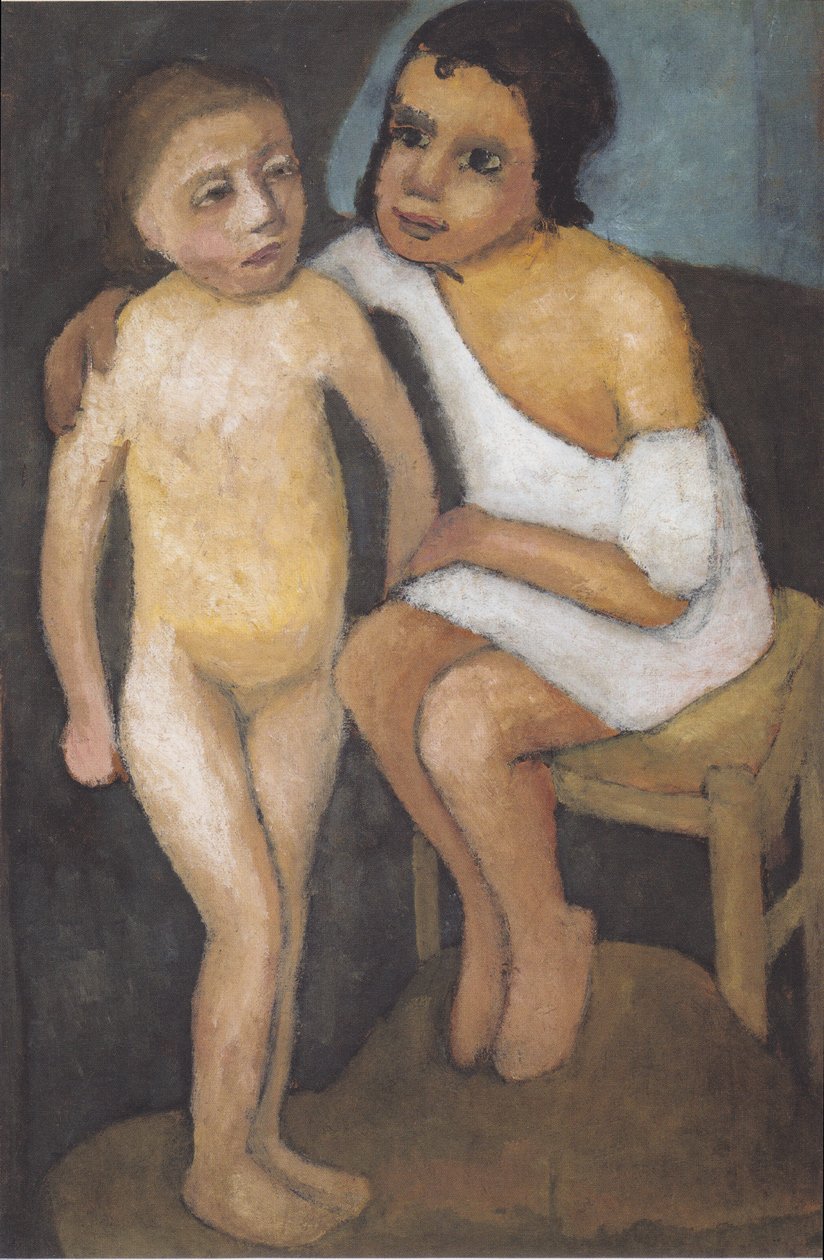 Niña sentada con camisa blanca y desnudo de niña de pie de Paula Modersohn Becker