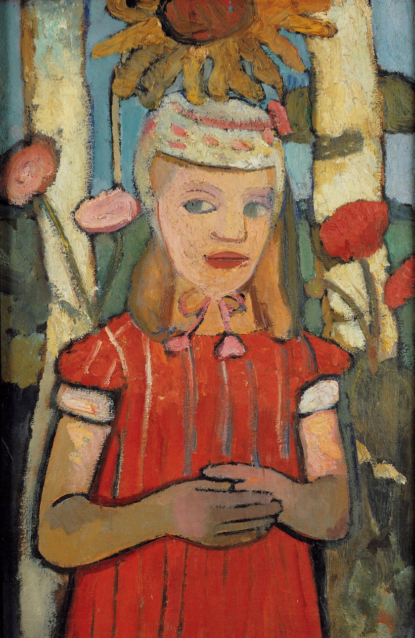 Niña con vestido rojo frente a un girasol, 1907 de Paula Modersohn Becker