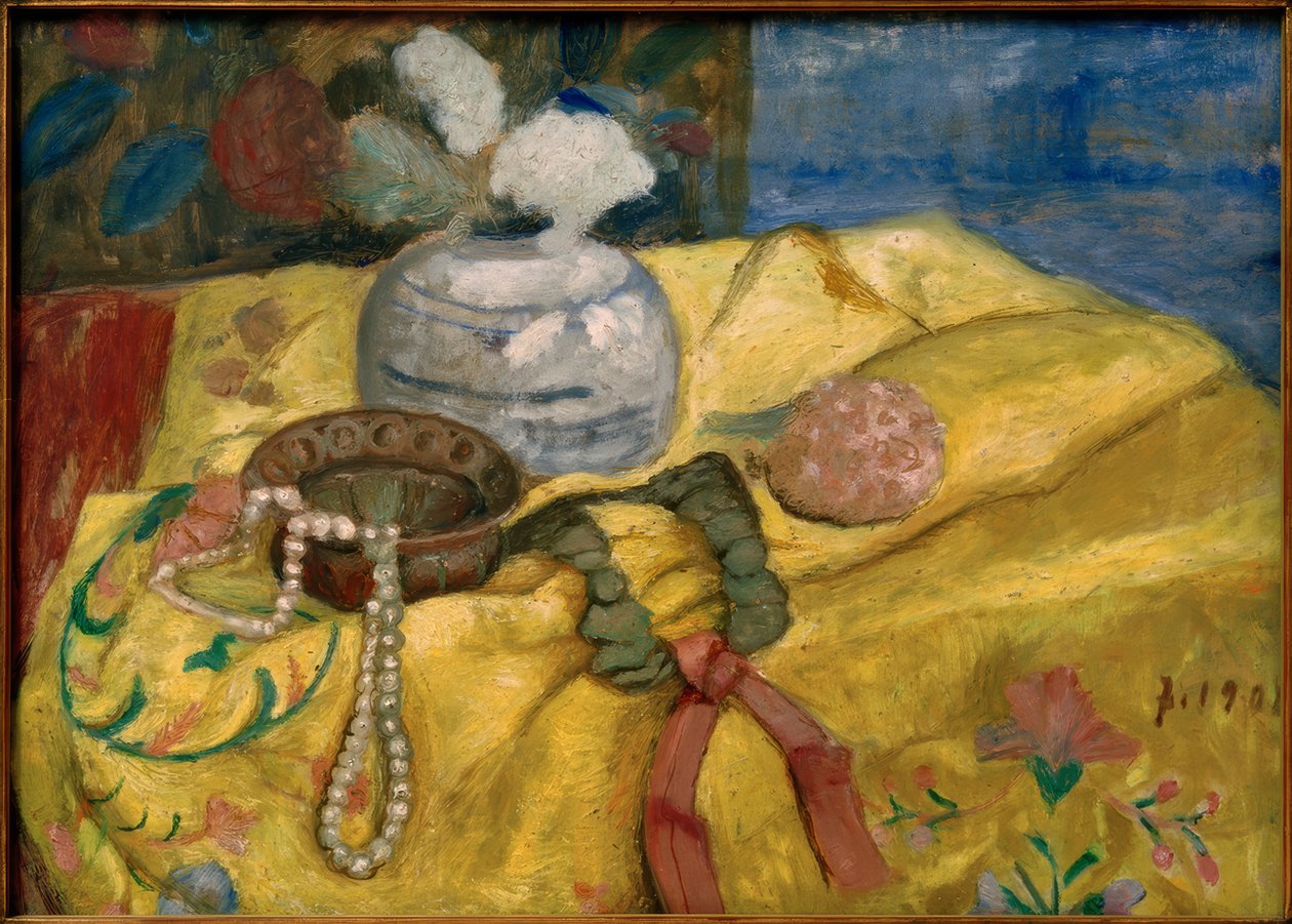 Naturaleza muerta con mantel amarillo y jarrón de jengibre con flores de Paula Modersohn Becker