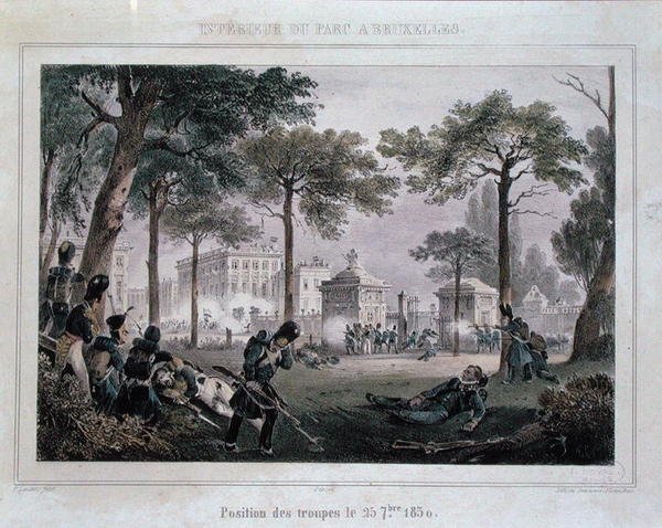 Tropas en el Parc Royal, Bruselas, 25 de septiembre de 1830, grabado por Dewasme-Pletinckx de Paulus (after) Lauters