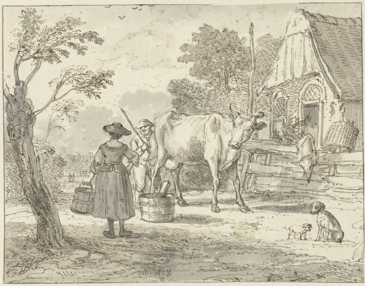 Granjeros con una vaca delante de la casa de Paulus Constantijn la Fargue